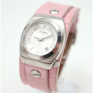 Fossil Womens Watch 29mm Silver Tone Date Dial Pink Leather Band w New Battery